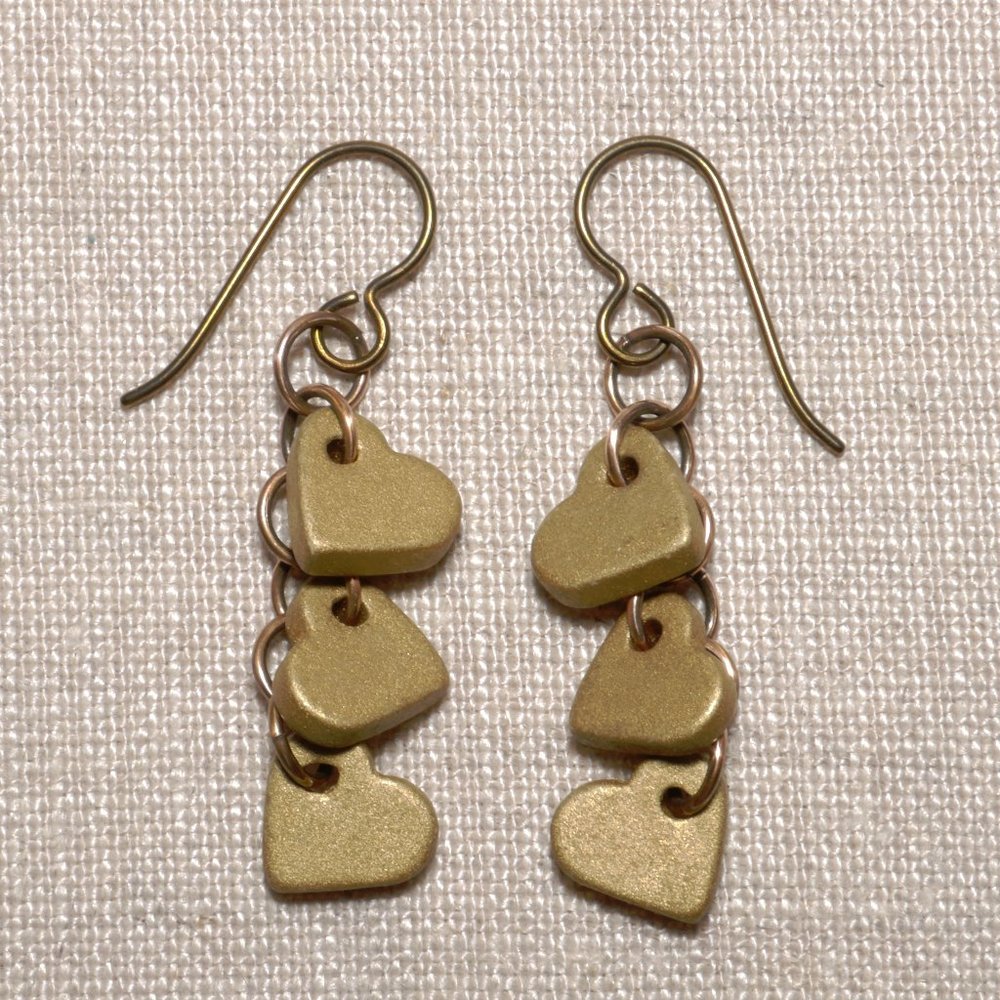 Hand Crafted Handmade Earrings Satin Gold Ceramic Chain of Hearts Long E…